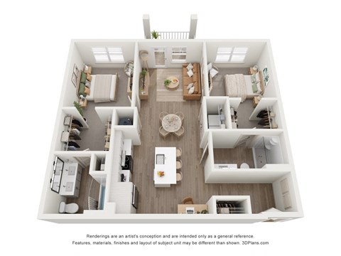 Floor plan for 2 beds, 2 baths, 1055 sqft